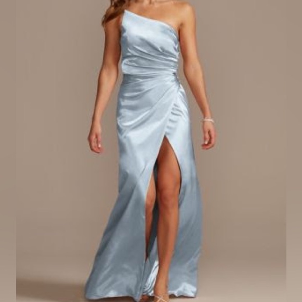 TALL CHARMEUSE ONE SHOULDER BRIDESMAID DRESS DUSTY BLUE size 4